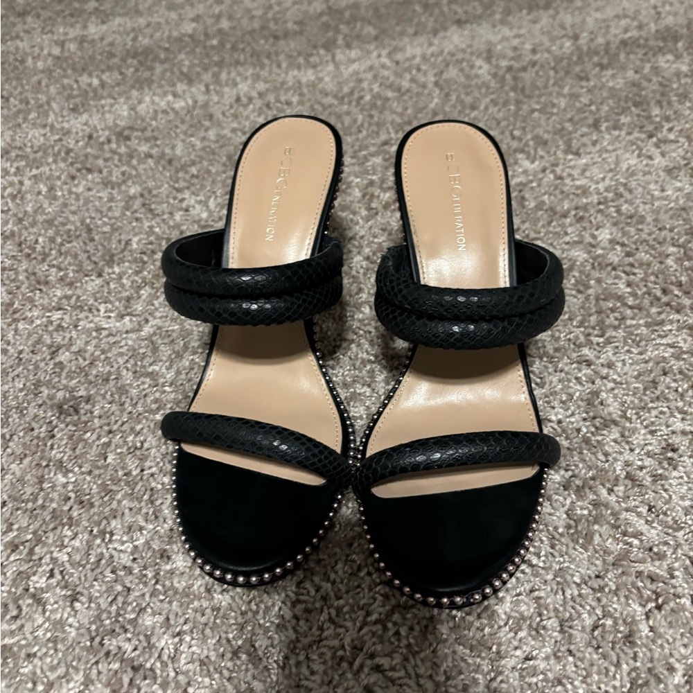 BCBG Black Heeled Sandals with Silver Accents